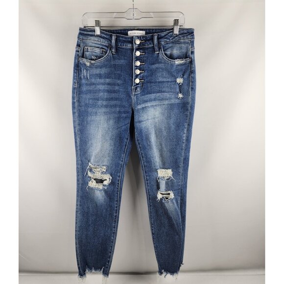 Flying Monkey Jeans Womens 30x27 Blue Distressed Button Fly Denim F4118 - Picture 1 of 11